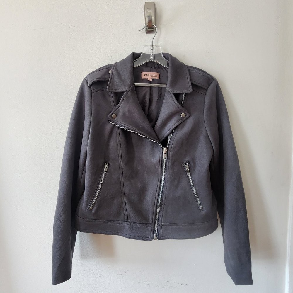 Philosophy Women’s Gray Long Sleeve Faux Suede Moto Jacket Sz M